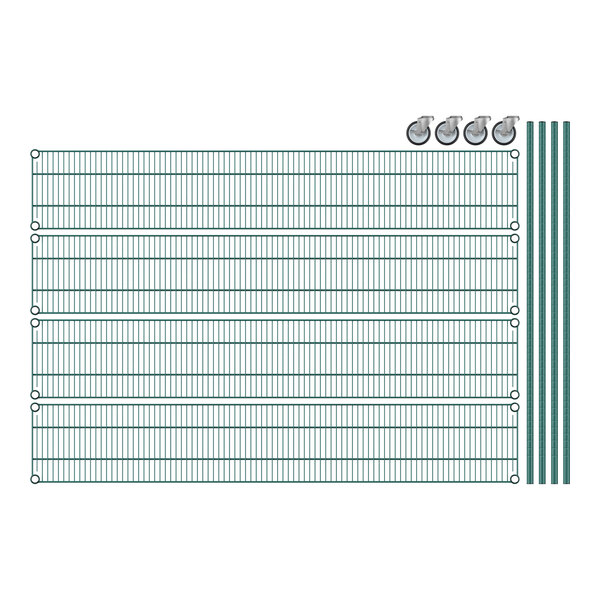 A Regency green wire shelving unit with 4 shelves and metal bars.
