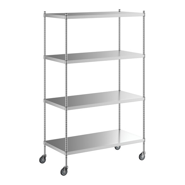 A Regency stainless steel mobile shelving unit with 4 shelves and wheels.