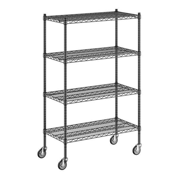 A Regency black wire shelving unit with wheels.