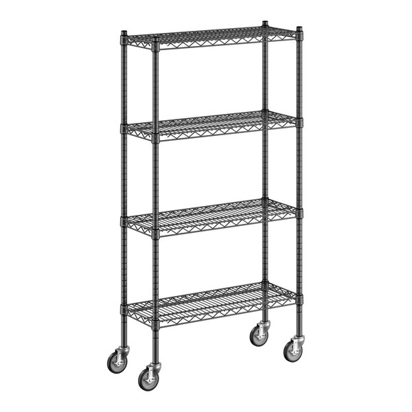 A black Regency wire shelving unit with wheels.