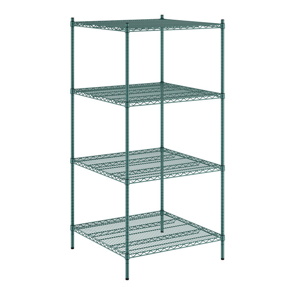 A Regency green wire shelving unit with four shelves.