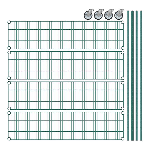 A white wire mesh Regency shelving unit with green metal bars.