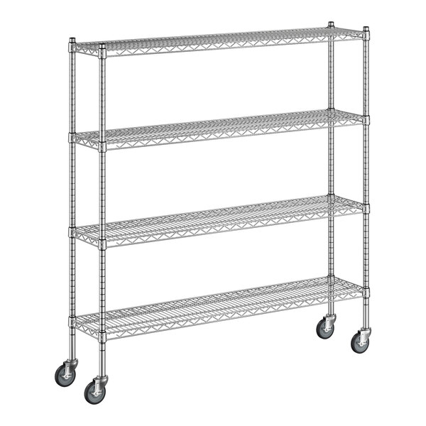 A Regency chrome wire shelving unit with wheels.