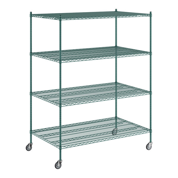 A Regency green wire shelving unit with wheels.