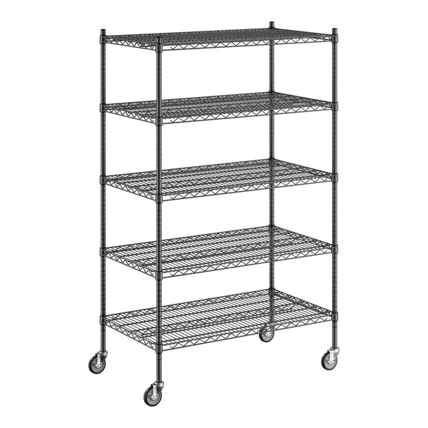 A black Regency wire shelving unit with wheels and five shelves.