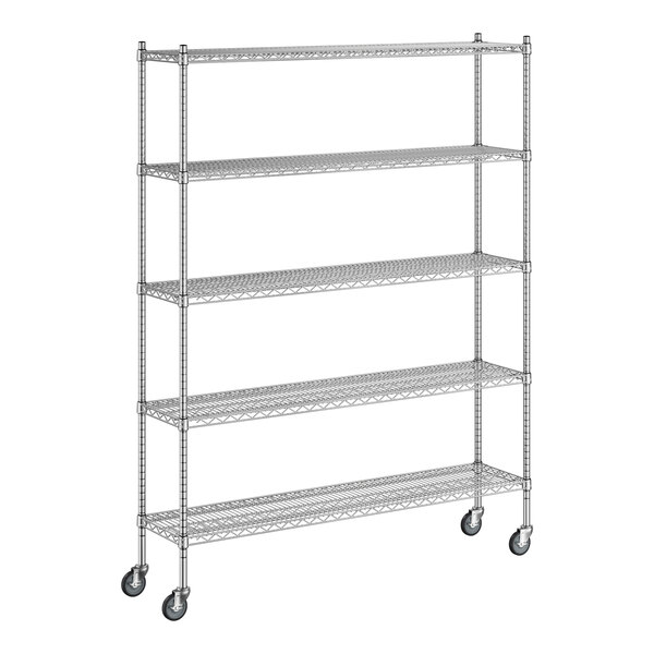 A Regency stainless steel wire shelving unit with wheels.