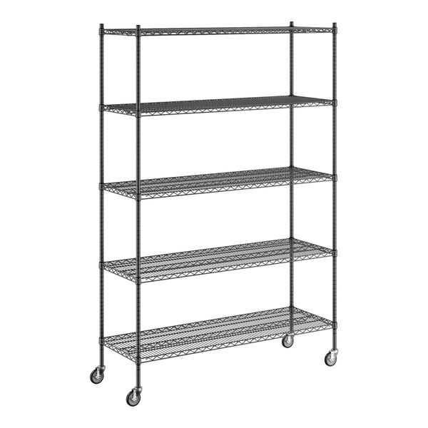 A black wire Regency mobile shelving unit with 5 shelves.