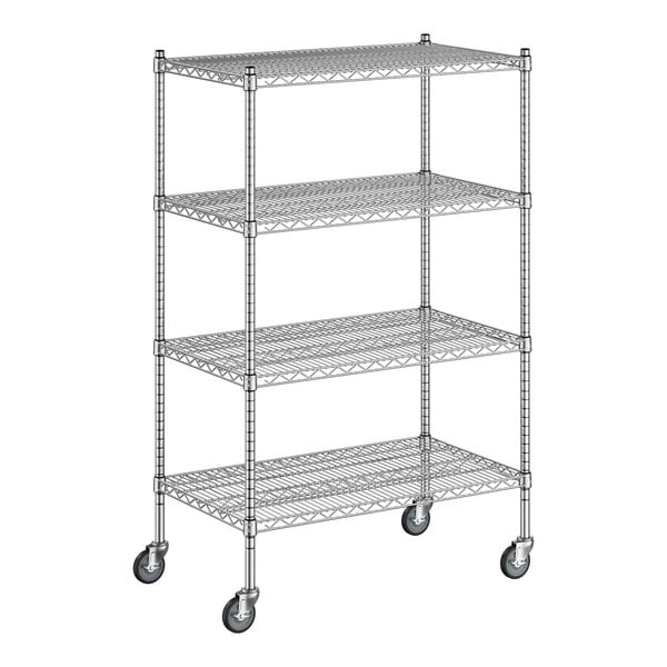 A Regency chrome wire shelving unit with wheels.