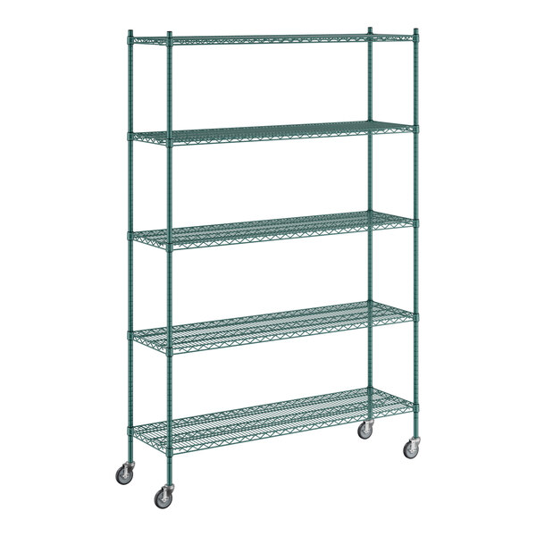 A green metal Regency wire shelving unit with wheels.