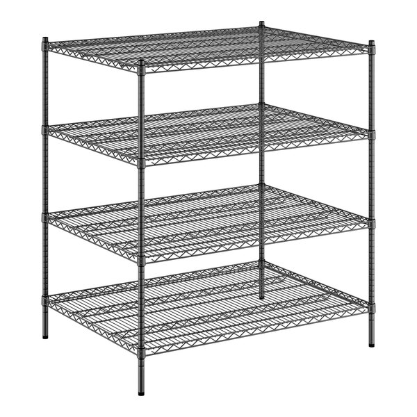 A black wire Regency shelving unit with four shelves.