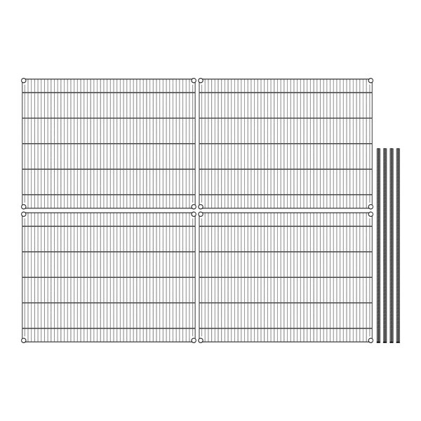 A wire shelving unit with four shelves.