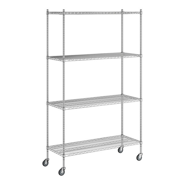 A Regency chrome wire shelving starter kit with wheels.