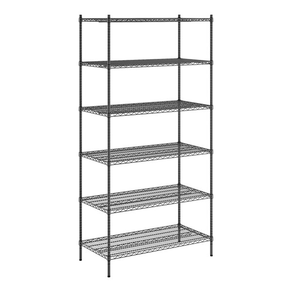 A black metal Regency wire shelving unit with six shelves.