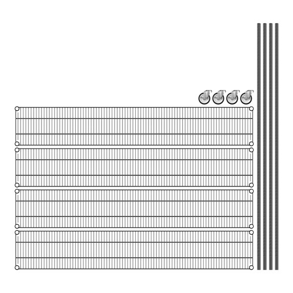 Regency black wire shelving starter kit with 4 shelves on a white background.