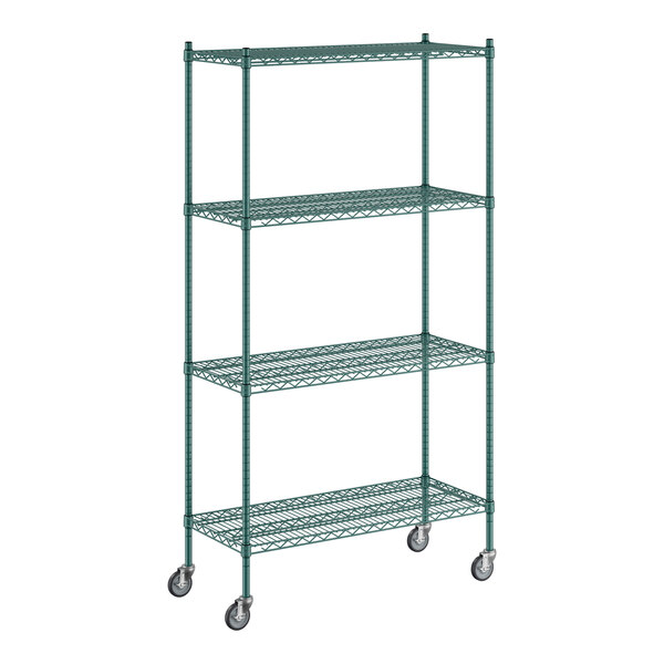 A Regency green wire shelving unit with wheels.