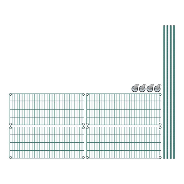 A close-up of green wire grid shelves.