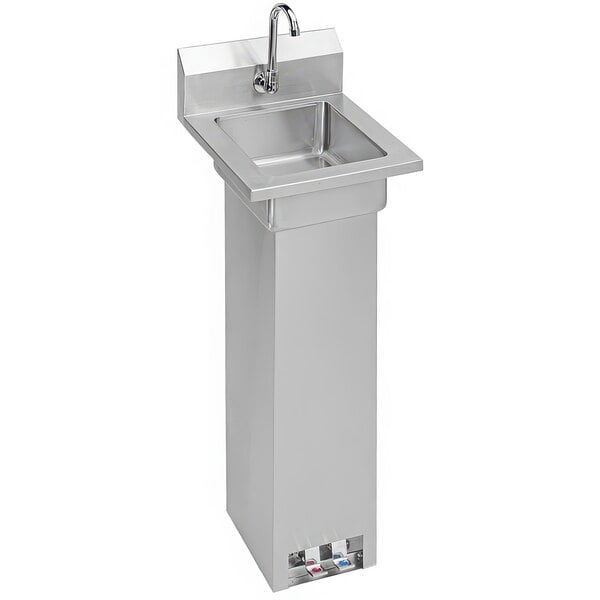 A silver rectangular Zurn Elkay utility sink with a foot-operated faucet.