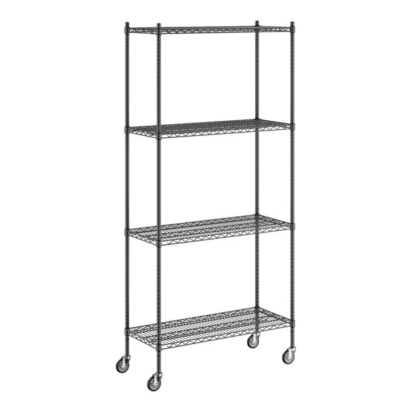 A Regency black wire shelving unit with wheels.