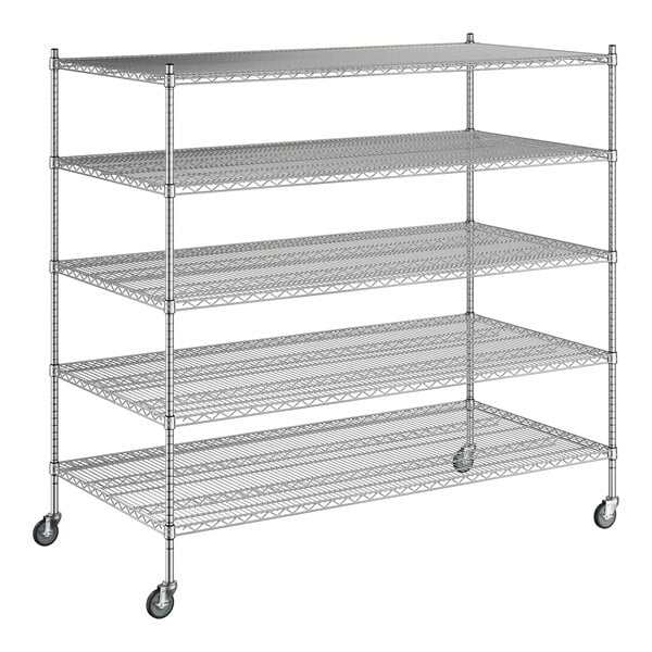 A Regency chrome wire shelving starter kit with wheels and four shelves.