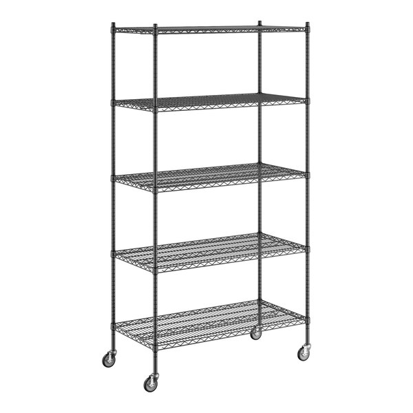 A black Regency wire shelving unit with wheels.