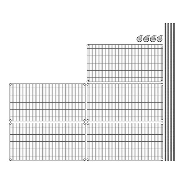 Regency black wire shelving with 5 shelves and wheels.