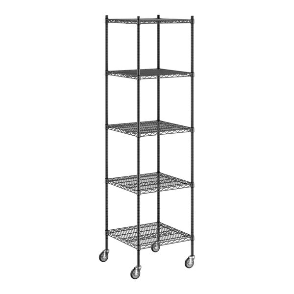 A Regency black wire shelving unit with wheels.