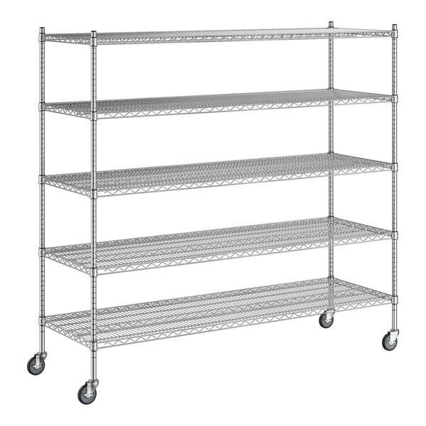 A Regency chrome wire shelving unit with wheels and four shelves.