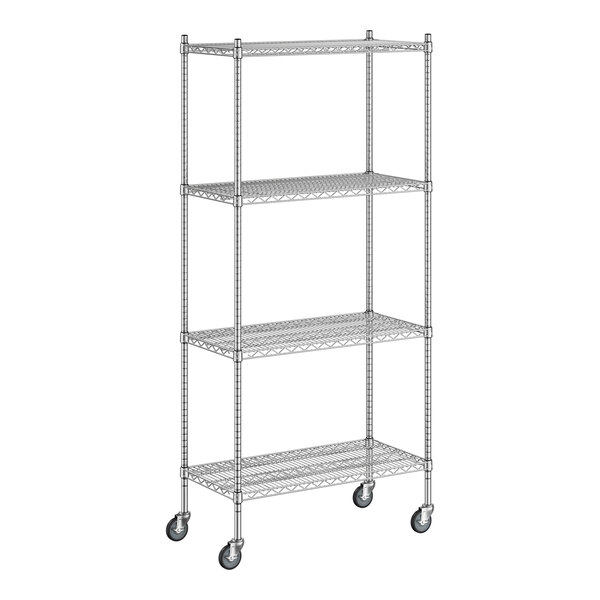 A Regency stainless steel wire shelving unit with wheels.