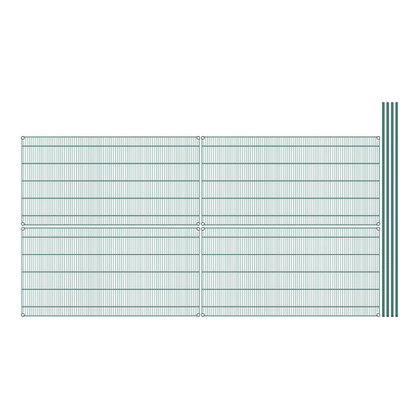 A close-up of green wire shelving with a white background.