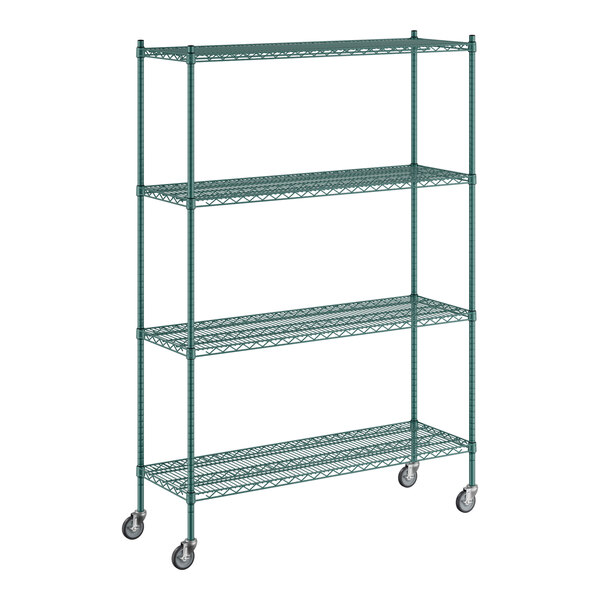 A Regency green wire shelving unit with wheels.