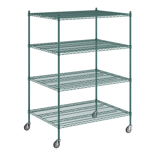 A Regency green wire shelving unit with wheels.