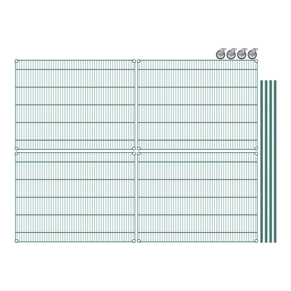 A wire shelving unit with green epoxy coating and 4 shelves.