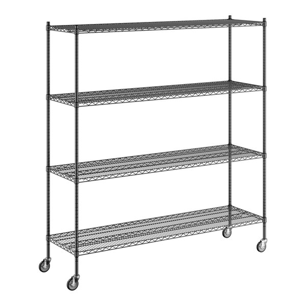 A black Regency wire shelving unit with wheels.