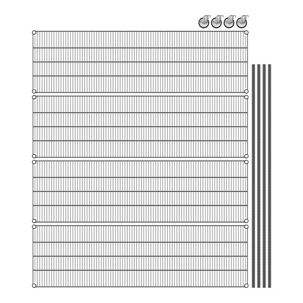 A black wire mesh Regency shelving unit with wheels.