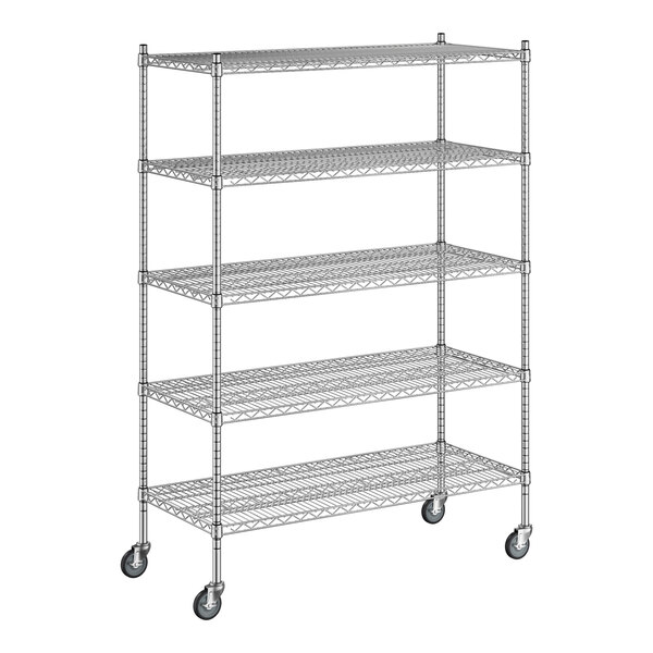 A Regency chrome wire shelving starter kit with wheels and four shelves.