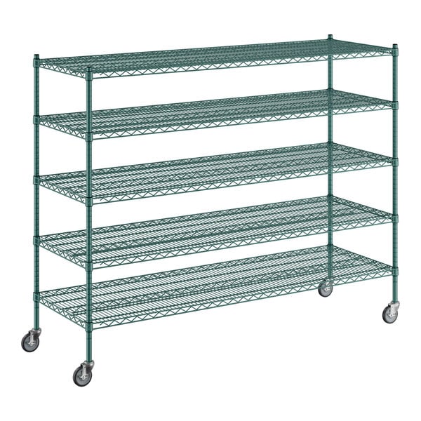 A green metal wire shelving unit with four shelves on white background.