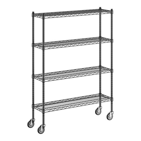 A black wire shelving unit with wheels.