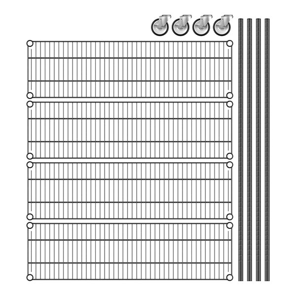 A Regency black wire shelving unit with wheels.