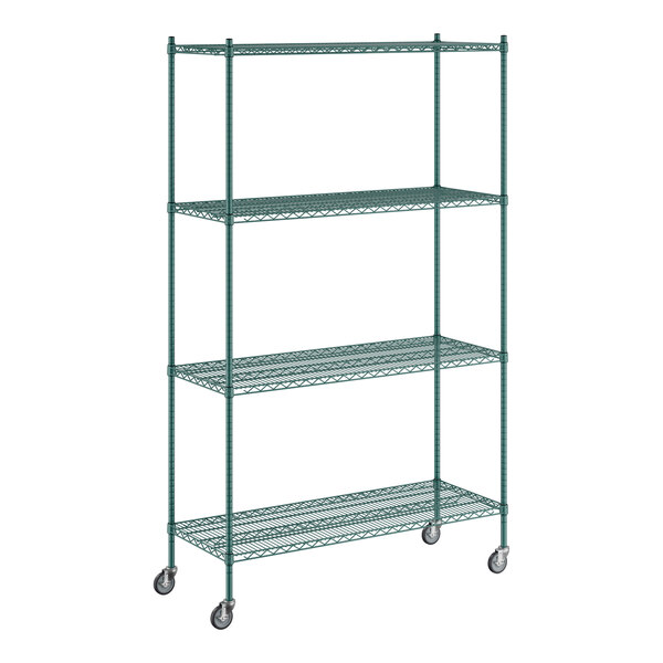 A Regency green wire shelving unit with wheels.