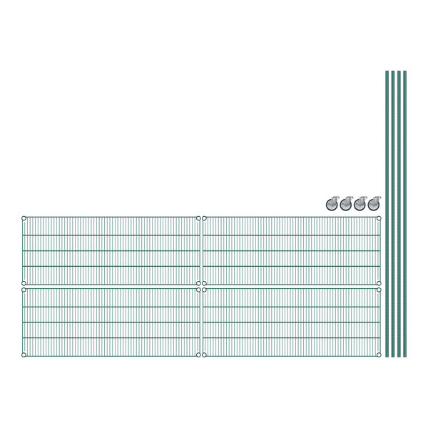 A grid of green wire shelves with lines on it.