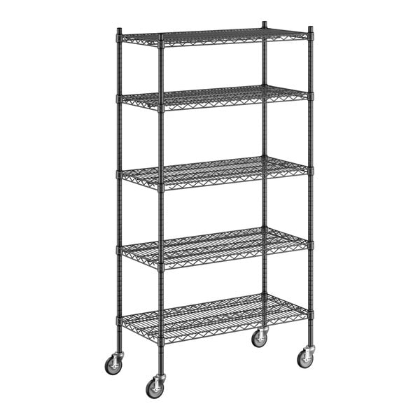 A Regency black wire shelving unit on wheels.