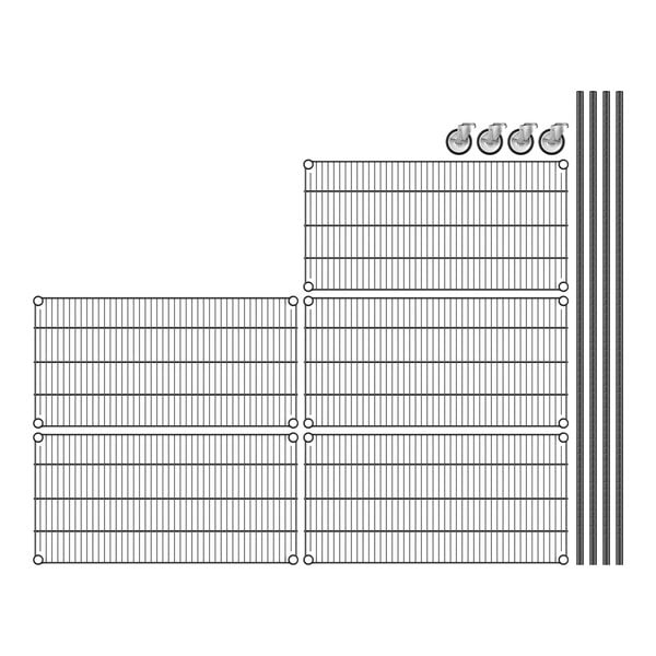 A black wire shelving unit with wheels and 5 shelves.