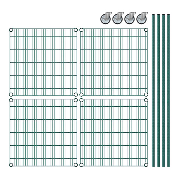 A Regency green wire shelving unit with wheels and 4 shelves.
