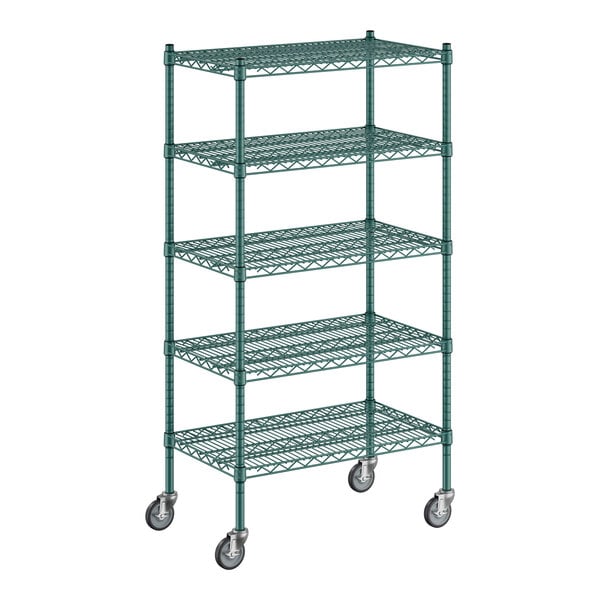 A green metal wire shelving unit with wheels.