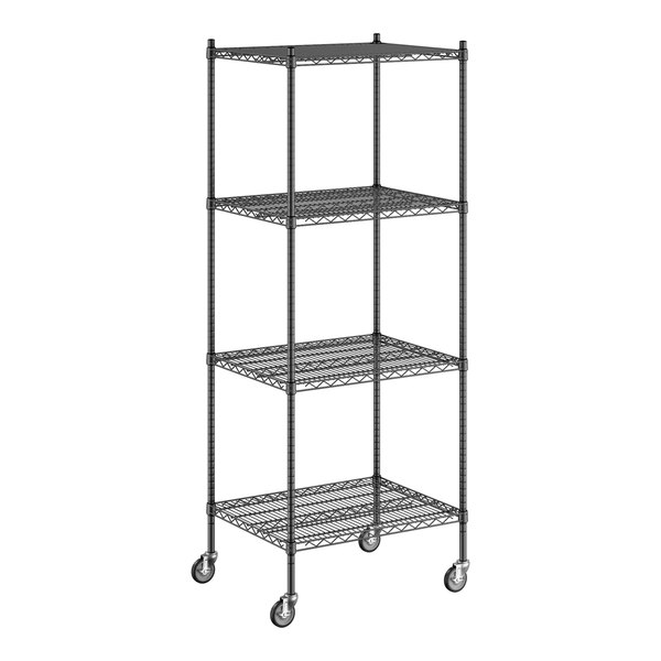 A Regency black wire shelving unit with wheels.