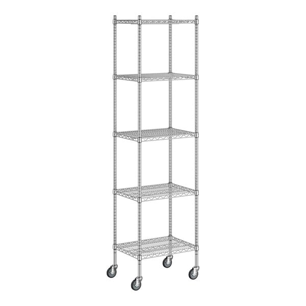 A Regency chrome wire shelving unit with wheels.