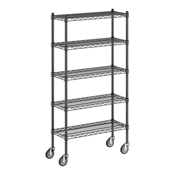 A black Regency wire shelving unit with wheels.