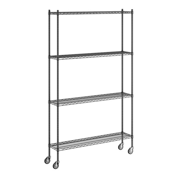 A Regency black wire shelving unit with wheels.