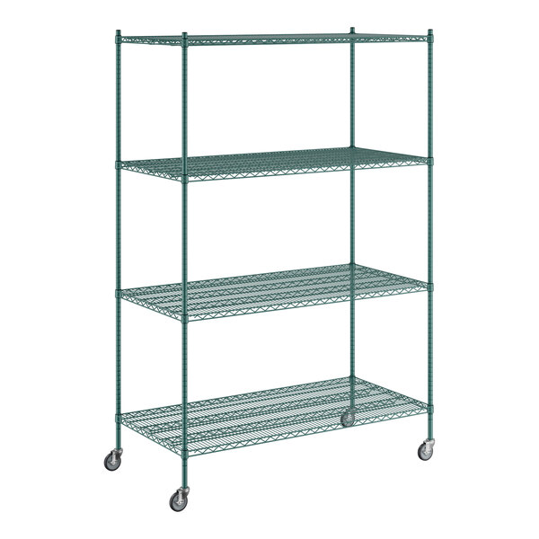 A Regency green wire shelving unit with wheels.