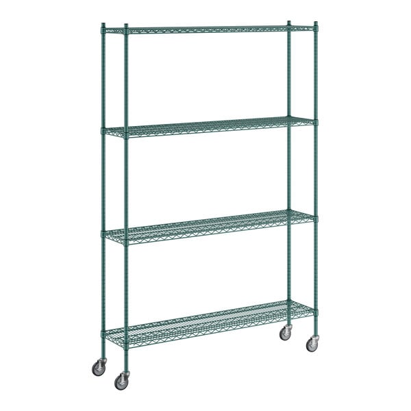 A Regency green wire shelving unit with wheels.